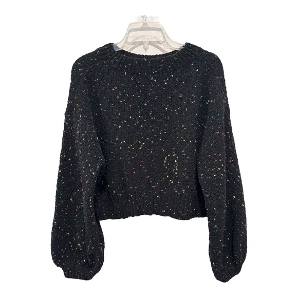 HYFVE Sweater Womens Large Black Confetti Knit Cropped Balloon Sleeve Pullover - Picture 1 of 9